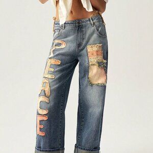 Medium Wash Casual Women's Distressed Letter Patch Loose Fit Denim Jeans